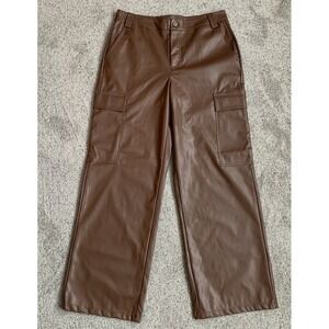 NWT HYFVE Women's Large Chocolate Brown Wide‎ Leg Faux Leather Pants Pockets